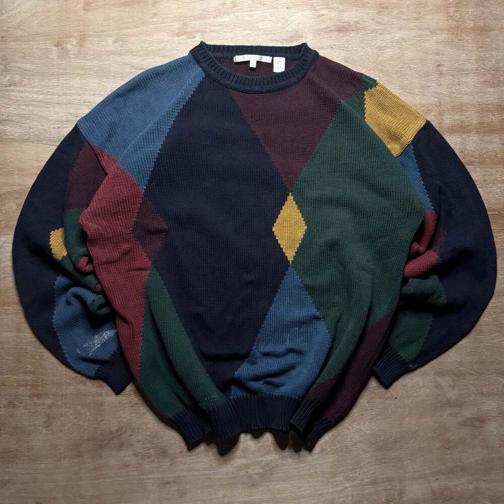 Vintage Perry Ellis M Argyle Colorblock Knit Sweater 90s Grandpa Preppy